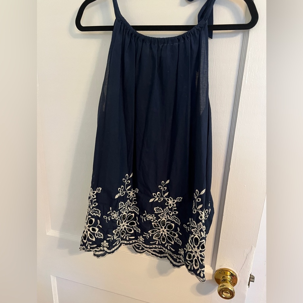 New York & Company Navy Camisole with White Floral Embroidery
